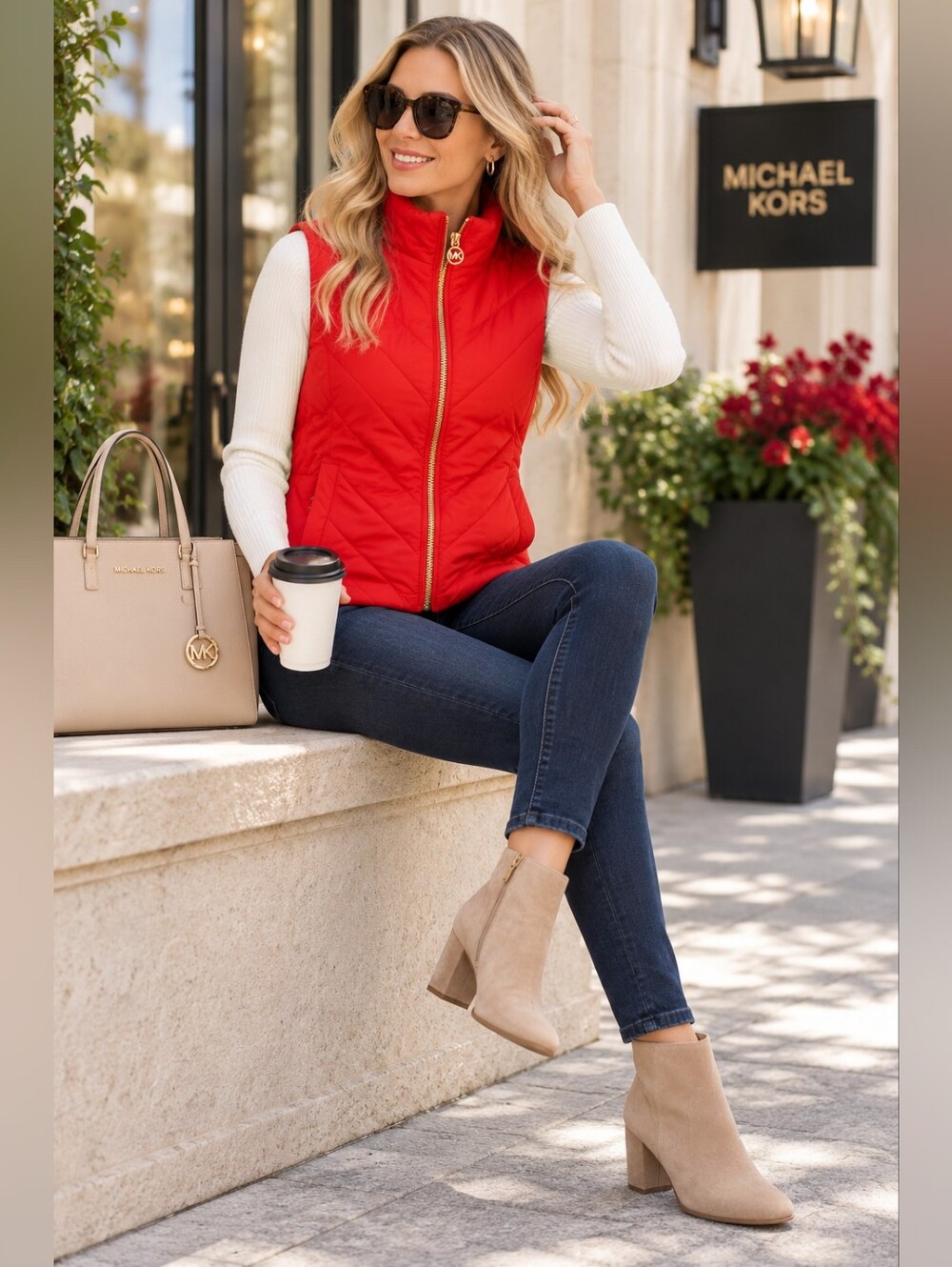 Michael Kors Bright Ruby Red Quilted Puffer Vest Size M NWT
